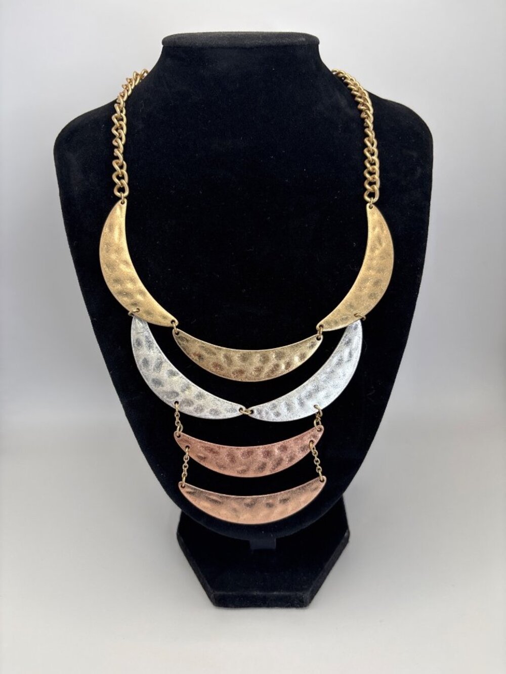 Hammered Copper Brass Silver Tone Statement Bib Necklace Brutalist Metal